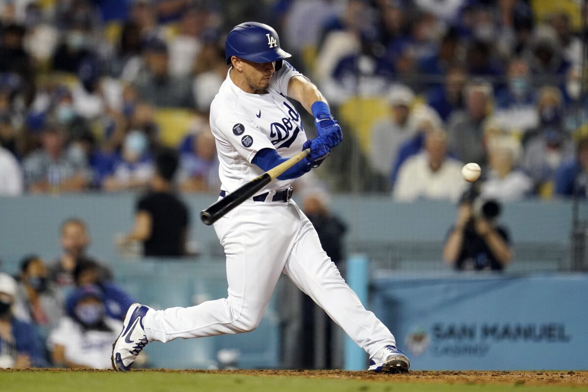 Austin Barnes doubles in a run for the Dodgers in the sixth inning.