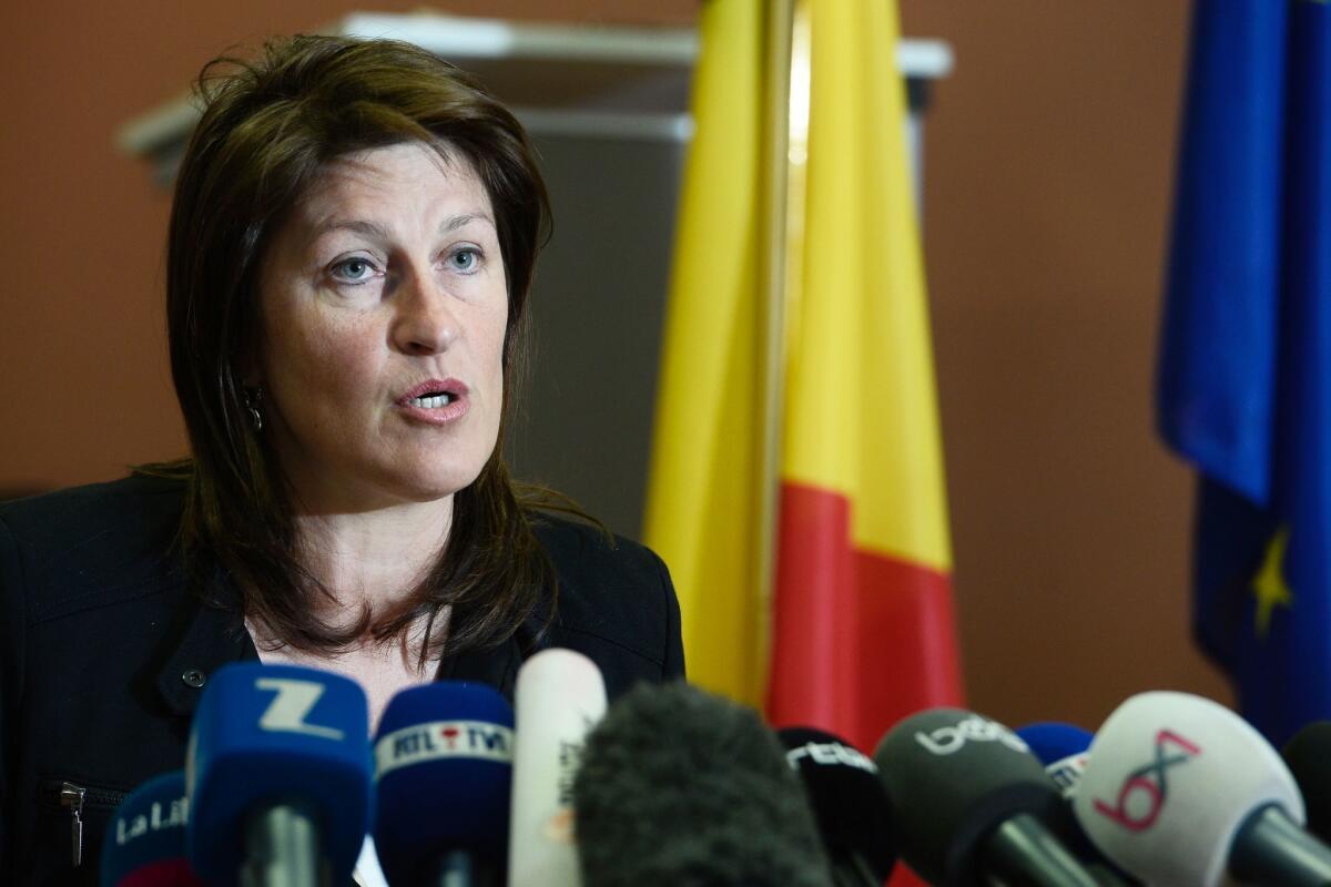 Jacqueline Galant, who resigned as Belgian transportation minister, speaks during an April 15 news conference in Brussels.