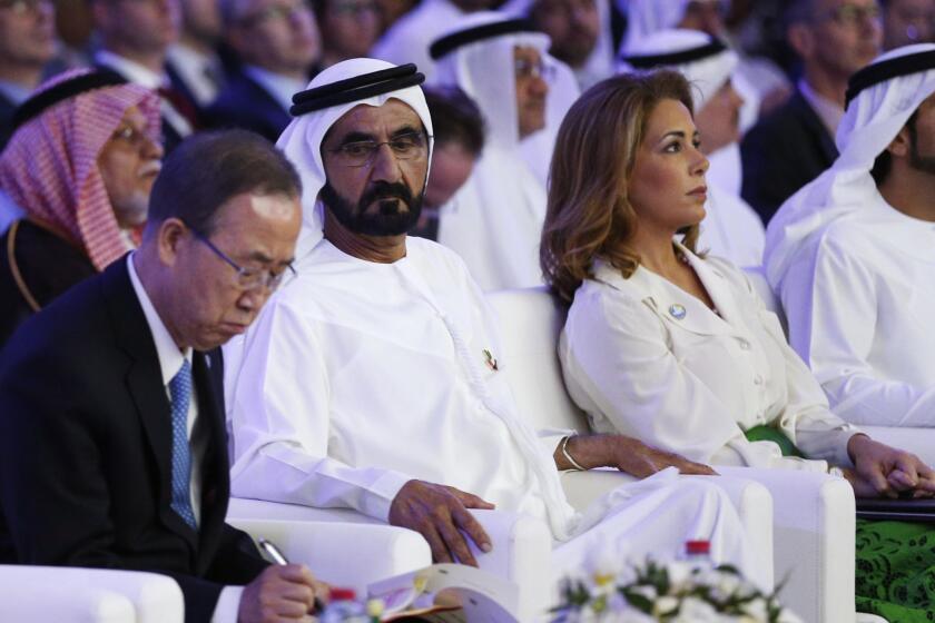 UAE Prime Minister and Dubai Ruler Sheikh Mohammed bin Rashid al-Maktoum,(2nd from L) sits next to his wife Princess Haya bint al-Hussein (C-R), United Nations Secretary-General Ban Ki-moon(L) and Dubai Crown Prince Sheikh Hamdan bin Mohammed bin Rashed al-Maktoum (R)during the presentation of a UN report on funding for humanitarian aid on January 17, 2016, in the Emirate of Dubai. / AFP / STRINGER (Photo credit should read STRINGER/AFP/Getty Images)