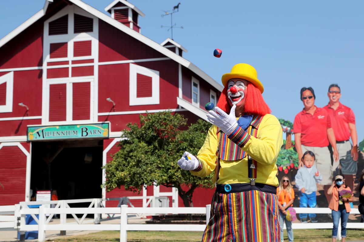 Fair clown VeeKay juggles as he entertains fairgoers as they enter the main entrance during opening day at the O.C. Fair.