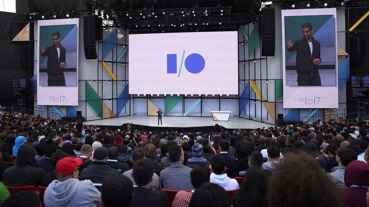 Google CEO Sundar Pichai delivers the keynote address Wednesday at the Google I/O conference in Mountain View, Calif. On Thursday, a fire erupted at the venue.