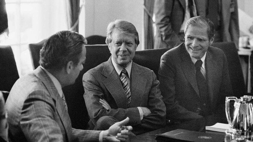 President Carter at a meeting with New Jersey Gov. Brendan Byrne, right, at the White House in 1977.