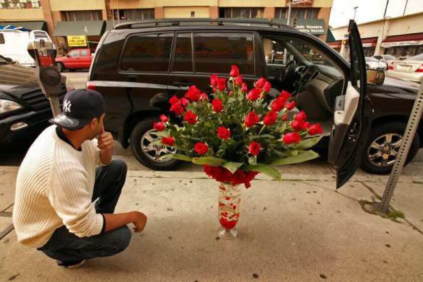 Gary Lee, who purchased a huge bouquet of roses in a ornate vase, tries to figure how he will fit the mass of flowers into his car. When a passerby holding a much smaller bouquet asked how much he spent for the huge display, Lee answered, "Let's put it this way, she's not getting anything else for a while."