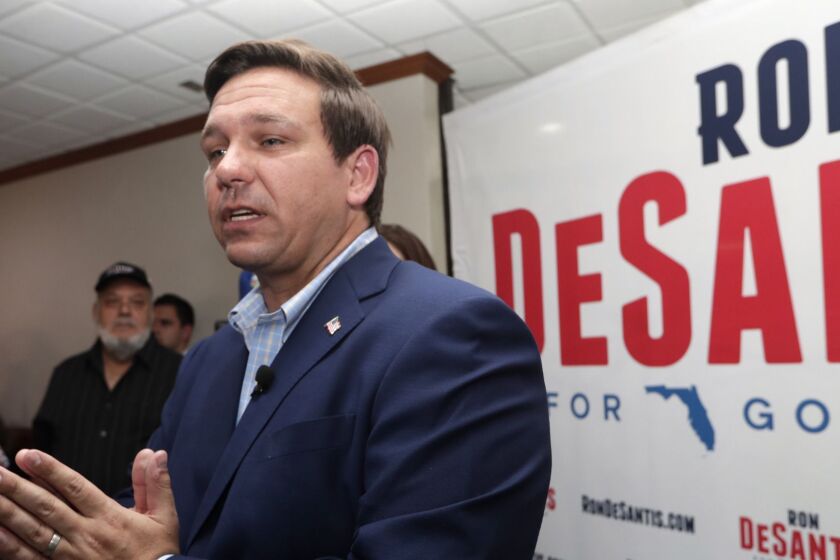 Republican gubernatorial candidate Ron DeSantis speaks during a campaign event at Versailles restaurant, Monday, Aug. 27, 2018, in Miami. (AP Photo/Lynne Sladky)