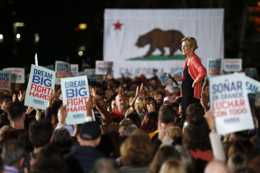 Presidential candidate Elizabeth Warren speaks at a town hall meeting at Waterfront Park in San Diego on Oct. 3, 2019.