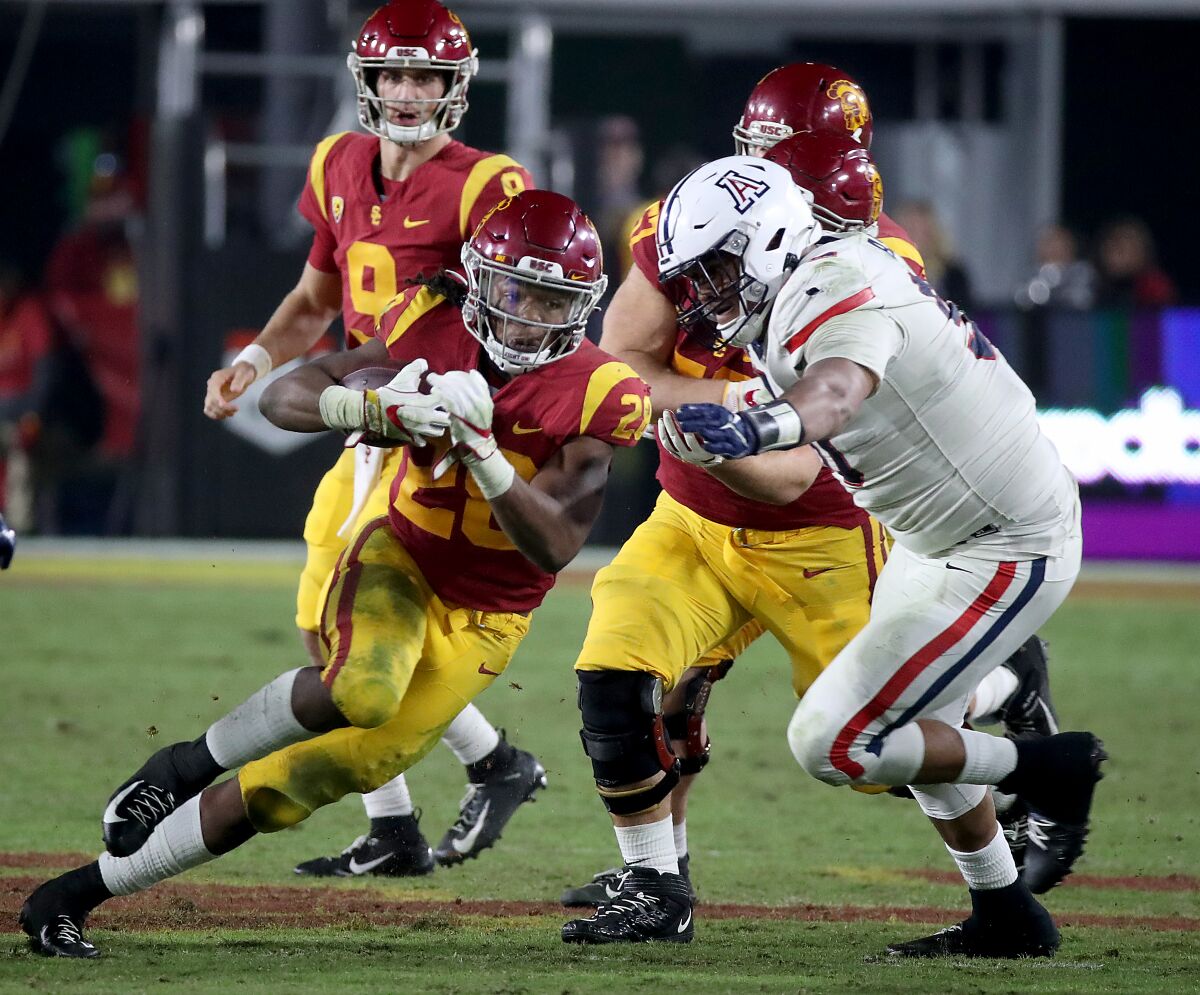 USC running back Keaontay Ingram slashes for a first down against Arizona in the fourth quarter Oct. 30, 2021. 