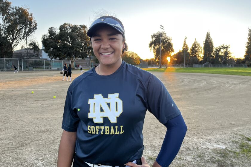 Sherman Oaks Notre Dame senior Ella Parker is a big-time power threat who hit over .650 last season for the Knights.