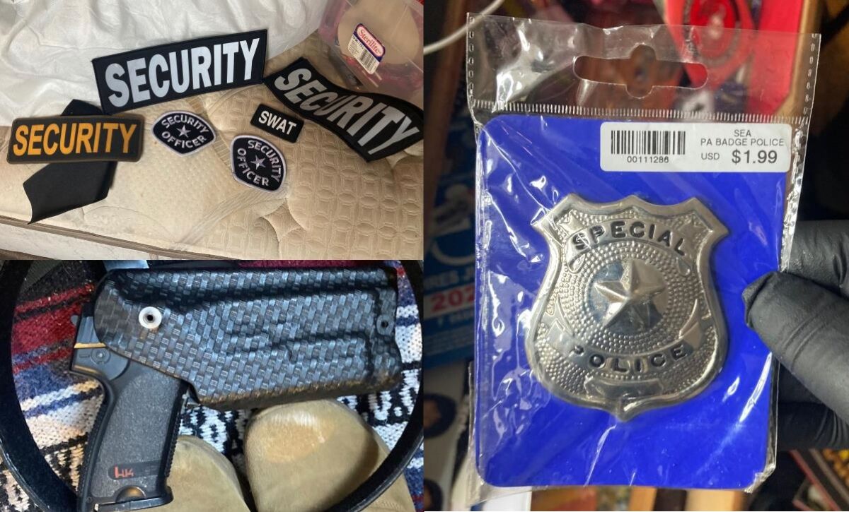 Authorities said they found these patches, fake police badge and replica firearm while searching Michael Carmichael's home.