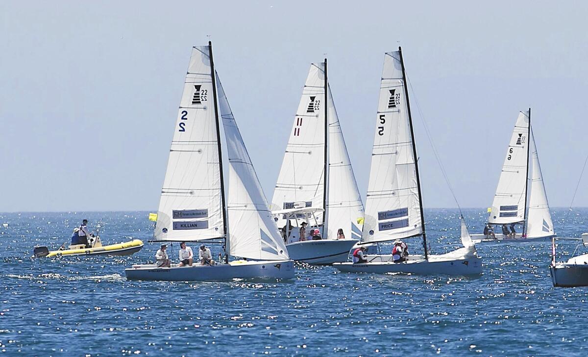 Balboa Yacht Club representatives (2, shown racing Friday), including skipper Christophe Killian, finished third in the 50th Governor’s Cup International Youth Match Racing Championship completed Saturday off Newport Beach.