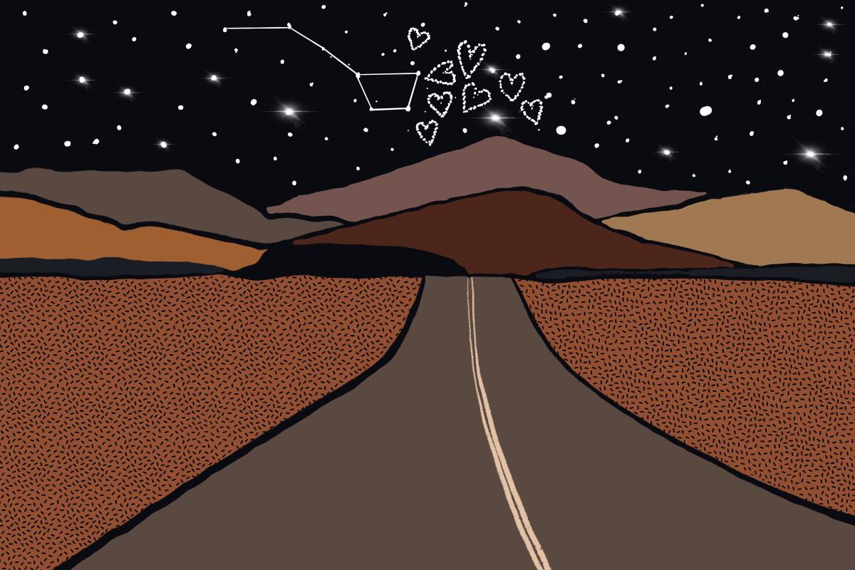 Heart-shaped constellations and the Big Dipper shine down on a lonely road.