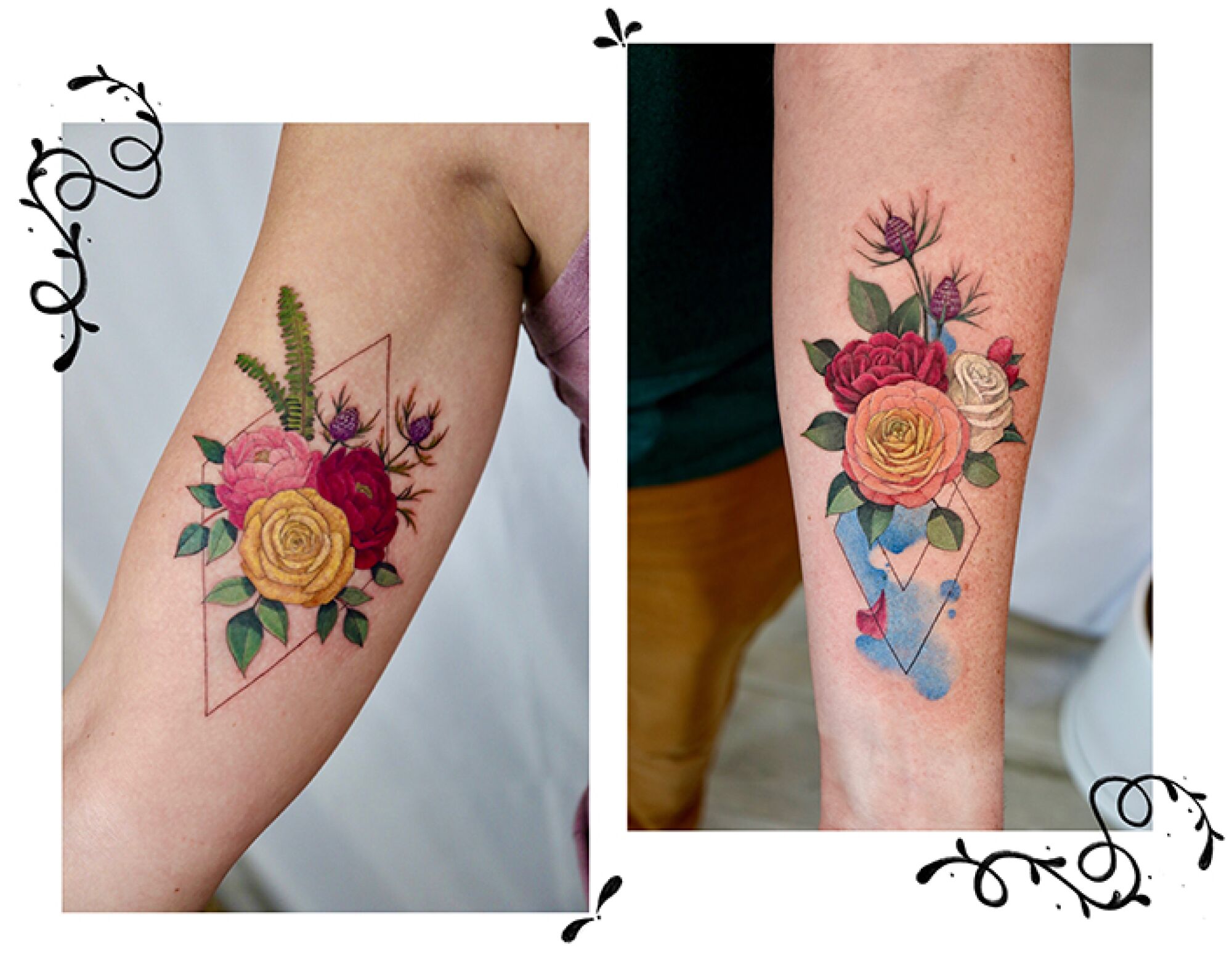 Tattoos of a couple's wedding flowers on their arms. 