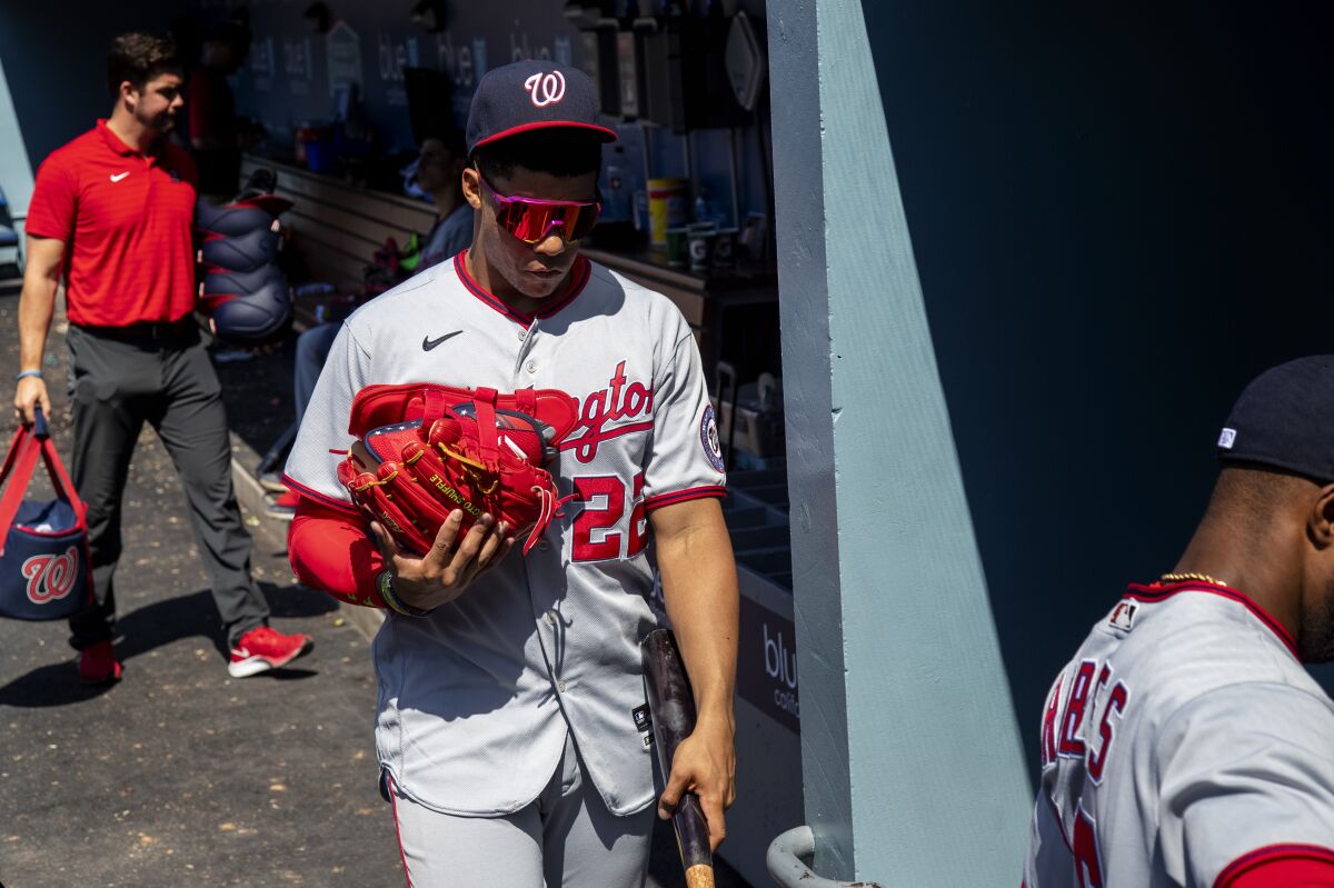 Washington Nationals right fielder Juan Soto heads to the locker room after a 7-1 loss to the Dodgers on Wednesday.