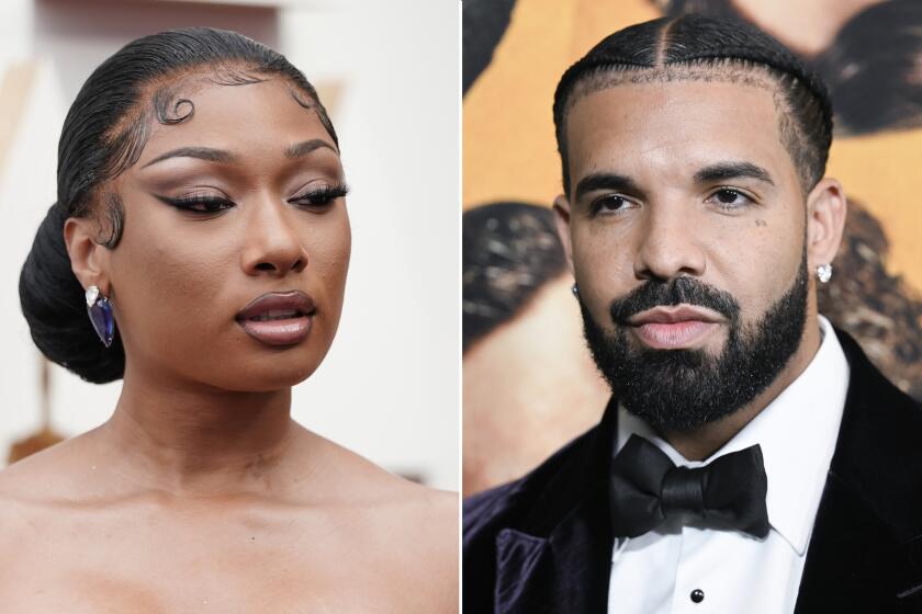 Left, Megan Thee Stallion at the Dolby Theatre in Los Angeles on March 27, 2022. Right, Drake at Alice Tully Hall on Sept. 18, 2022, in New York.