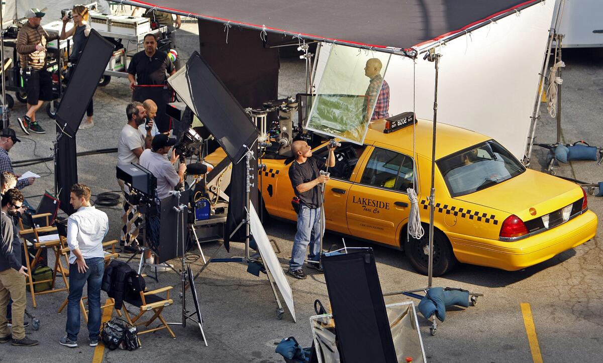 A commercial production shoot in a parking lot in downtown Los Angeles. 