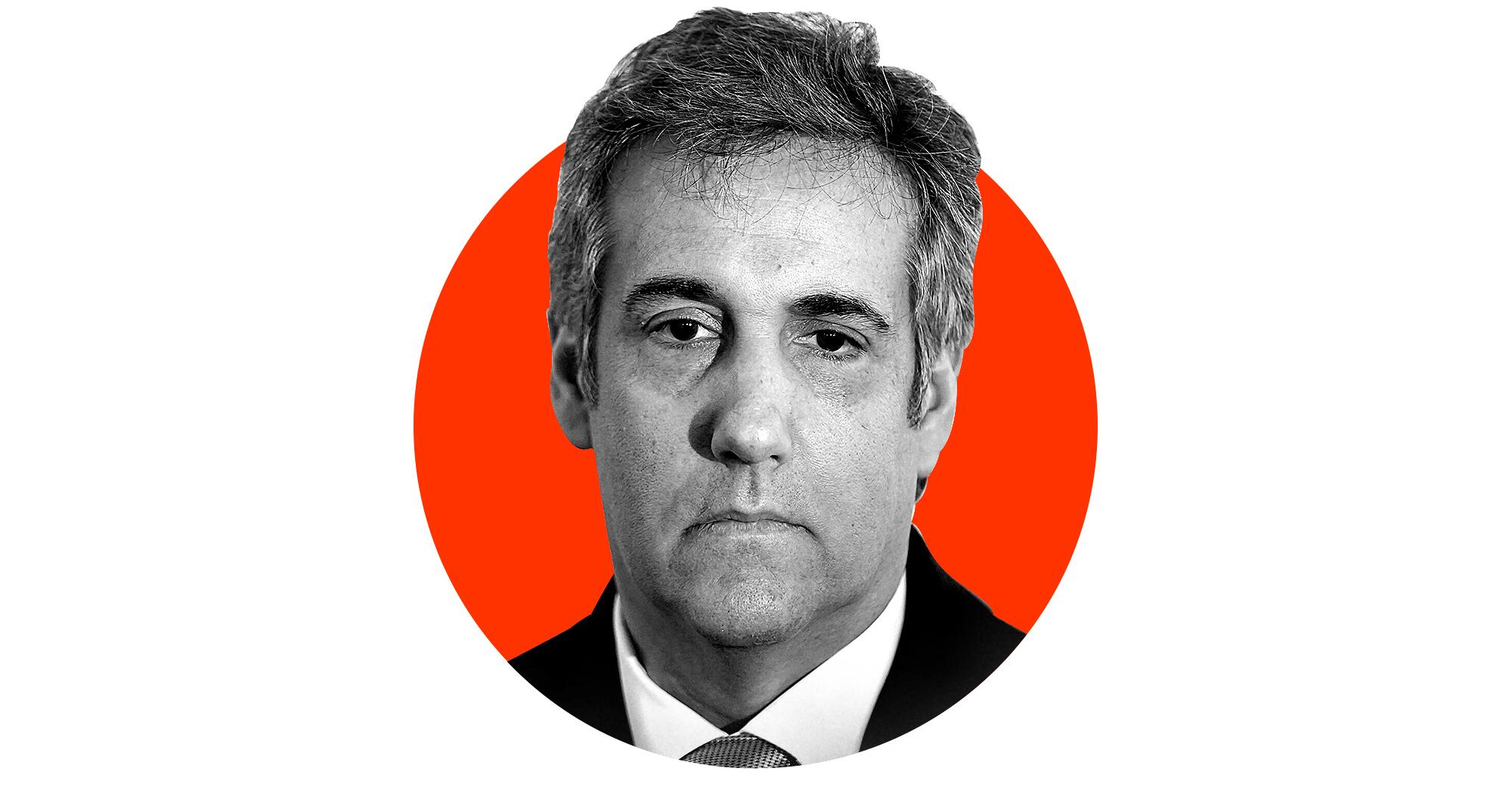 A photo illustration of a black-and-white photo of former Trump lawyer Michael Cohen's head emerging from a red circle