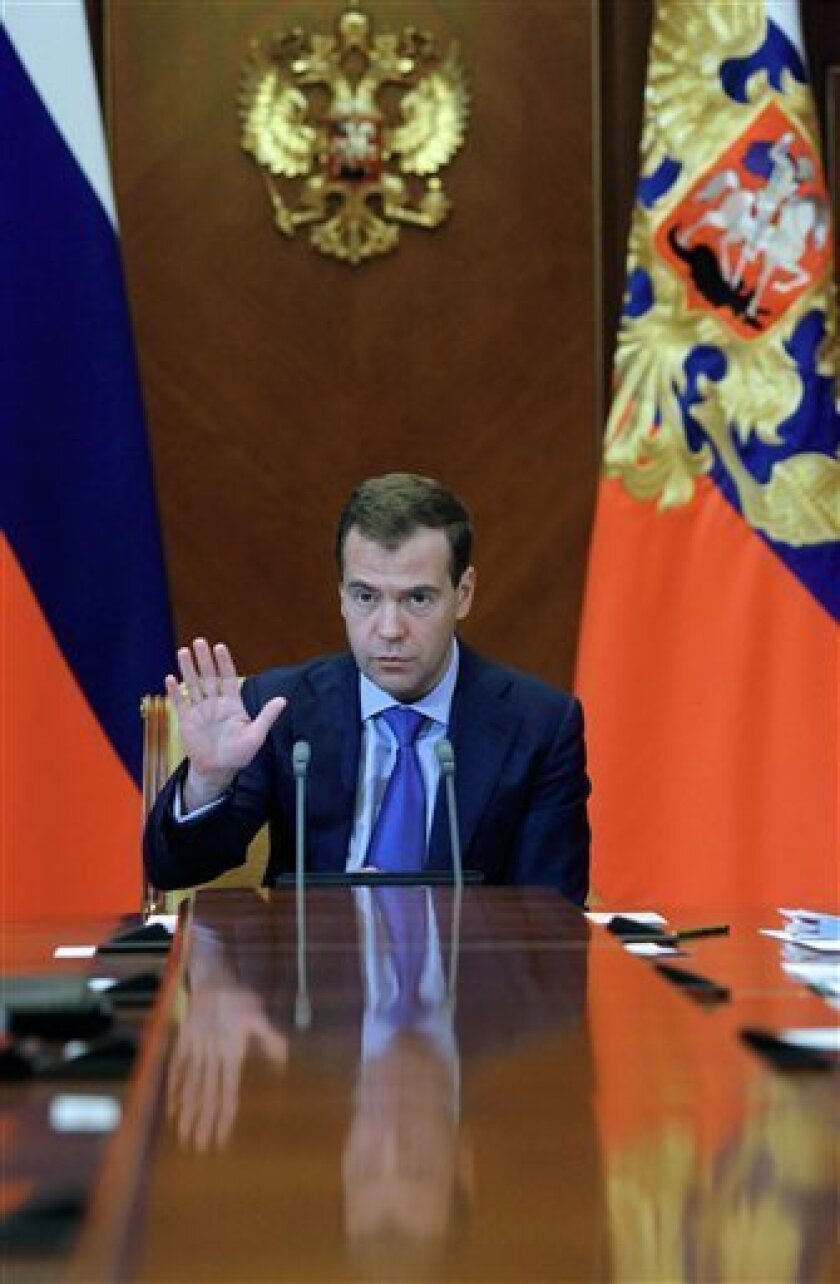 Russian President Dmitry Medvedev heads a meeting on judicial system issues at the Gorki presidential residence outside Moscow on Tuesday, May 10, 2011. (AP photo/RIA Novosti, Dmitry Astakhov, Presidential Press Service)