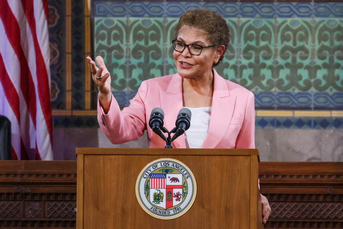L.A. Mayor Karen Bass speaking at a lectern