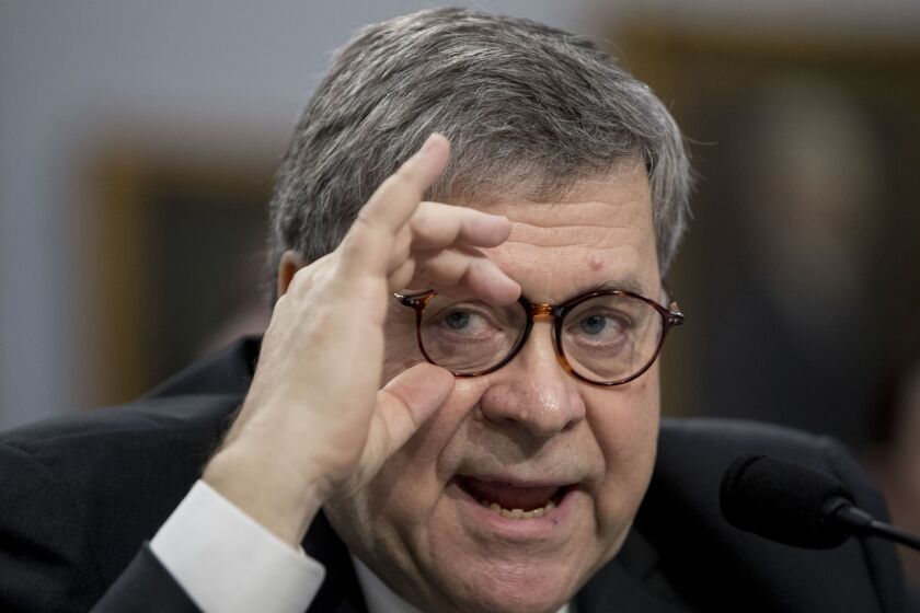Attorney General William Barr appears before a House Appropriations subcommittee Tuesday, April 9, 2019.