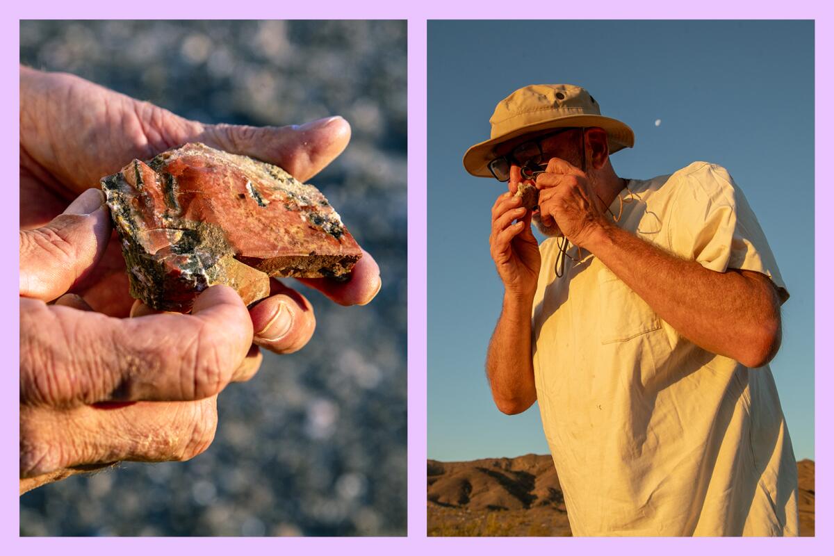 A man holds a piece of jasper, left, and uses a loupe magnifier to check a rock.