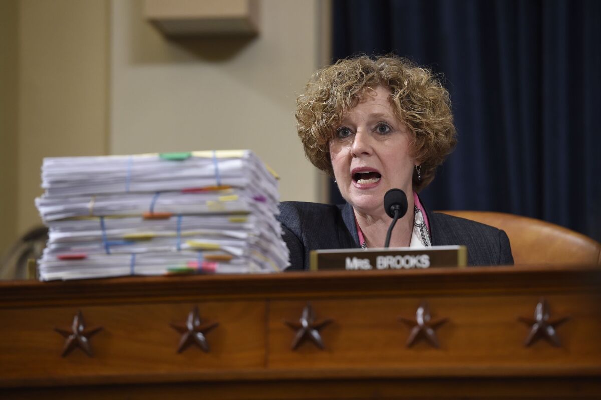 Rep. Susan Brooks, a member of the Select Committee on Benghazi speaks as former Secretary of State and Democratic Presidential hopeful Hillary Clinton testifies before the House Select Committee on Benghazi on Capitol Hill in Washington, DC, October 22, 2015. AFP PHOTO / SAUL LOEBSAUL LOEB/AFP/Getty Images ** OUTS - ELSENT, FPG, CM - OUTS * NM, PH, VA if sourced by CT, LA or MoD **