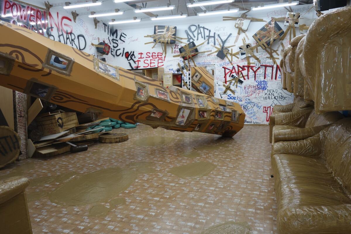 "Thomas Hirschhorn: Stand-alone," installation view at the Mistake Room, Los Angeles. (The Mistake Room and Coleccion Isabel y Agustin Coppel)