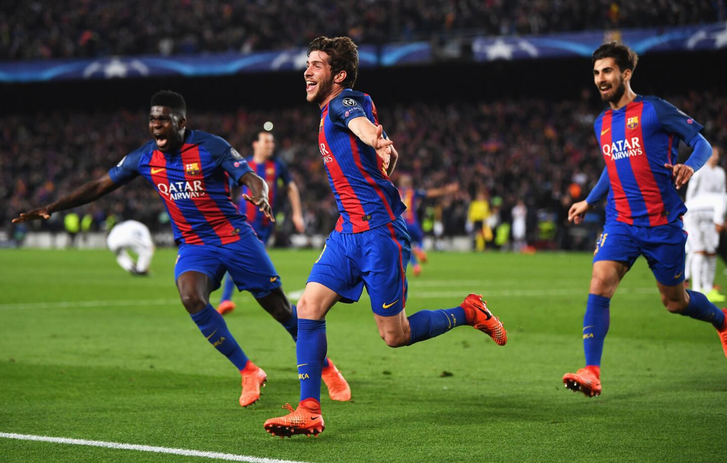 BARCELONA, SPAIN - MARCH 08: Sergi Roberto of Barcelona (C) celebrates as he scores their sixth goal during the UEFA Champions League Round of 16 second leg match between FC Barcelona and Paris Saint-Germain at Camp Nou on March 8, 2017 in Barcelona, Spain. (Photo by Laurence Griffiths/Getty Images) ** OUTS - ELSENT, FPG, CM - OUTS * NM, PH, VA if sourced by CT, LA or MoD **