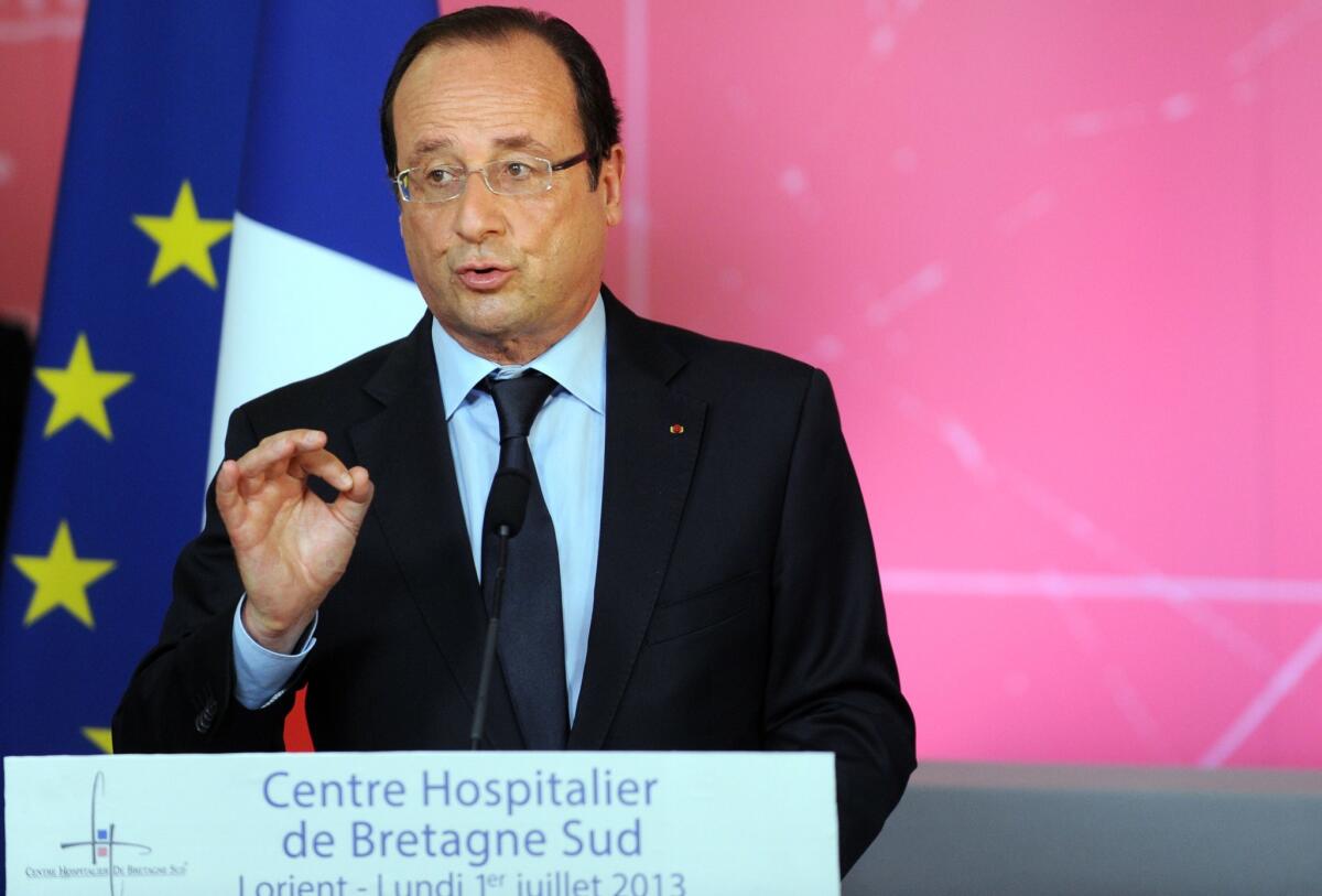 President Francois Hollande delivers a speech during a visit to the Bretagne Sud hospital in Lorient, in western France.