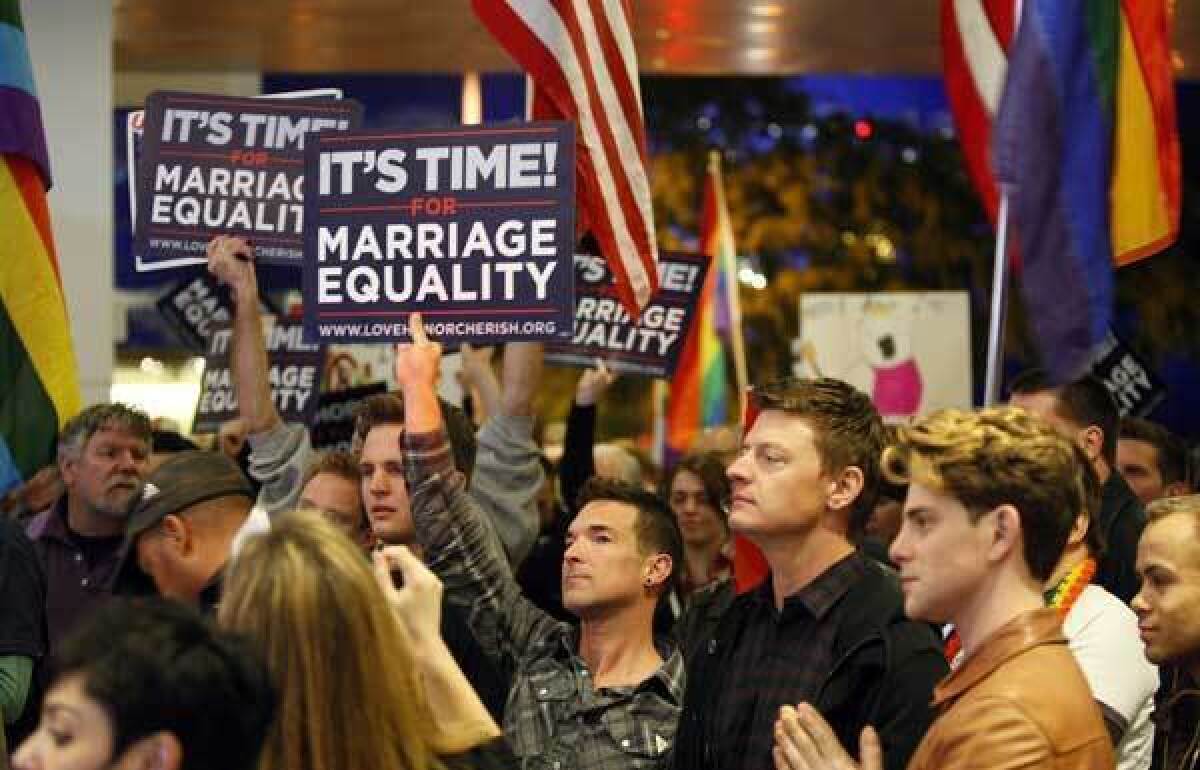 Same-sex marriage supporters rally in West Hollywood in February.