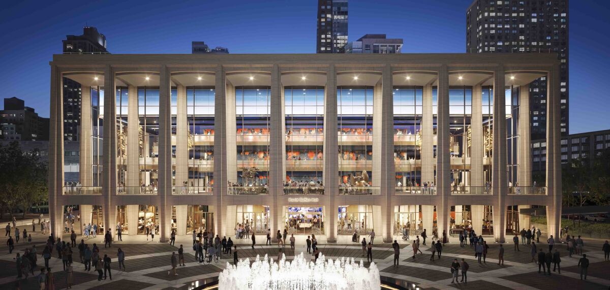 This artist rendering released by New York Philharmonic shows an exterior view of David Geffen Hall at Lincoln Center in New York. The building will reopen in October after a $550 million renovation project. (New York Philharmonic via AP)