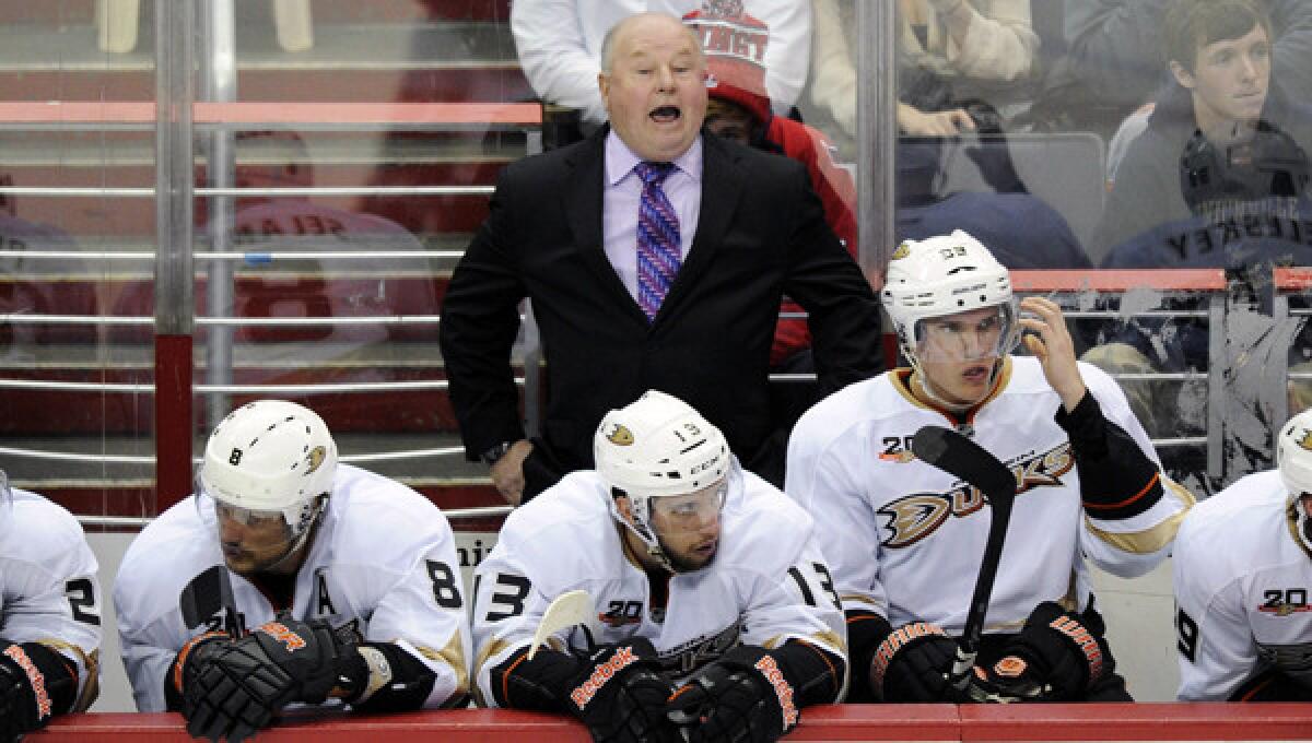 Ducks Coach Bruce Boudreau shouts during a game against the Washington Capitals in December. Ducks General Manager Bob Murray sees room for improvement from the NHL-leading squad.