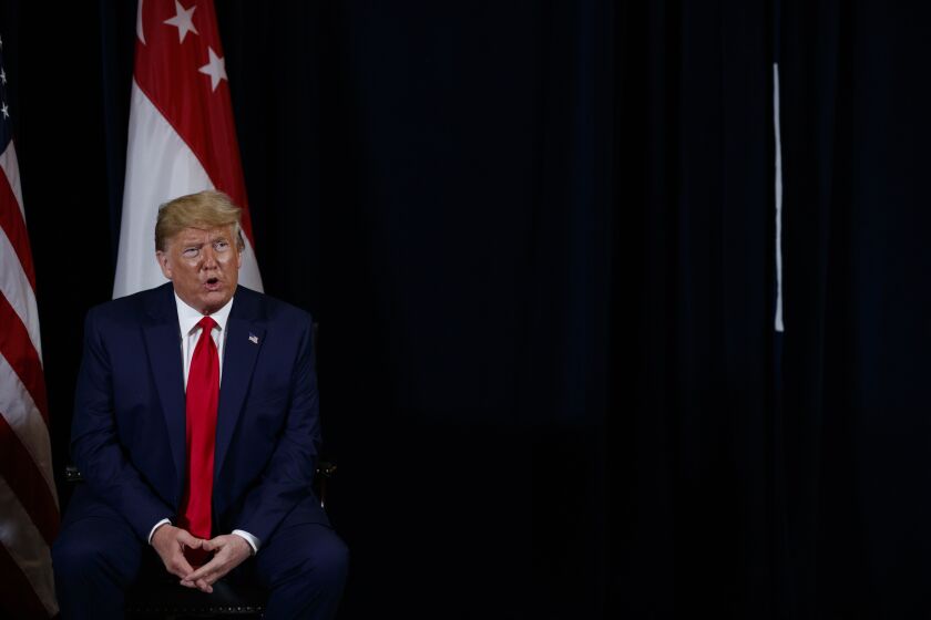 President Donald Trump speaks during a meeting with Singapore Prime Minister Lee Hsien Loong at the InterContinental Barclay hotel during the United Nations General Assembly, Monday, Sept. 23, 2019, in New York. (AP Photo/Evan Vucci)