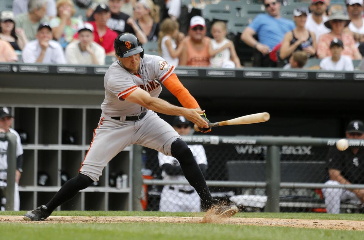 Hunter Pence grounds out to second base in the San Francisco Giants' 7-6 loss to the Chicago White Sox on June 18. The Giants have lost eight of their last 10 games.
