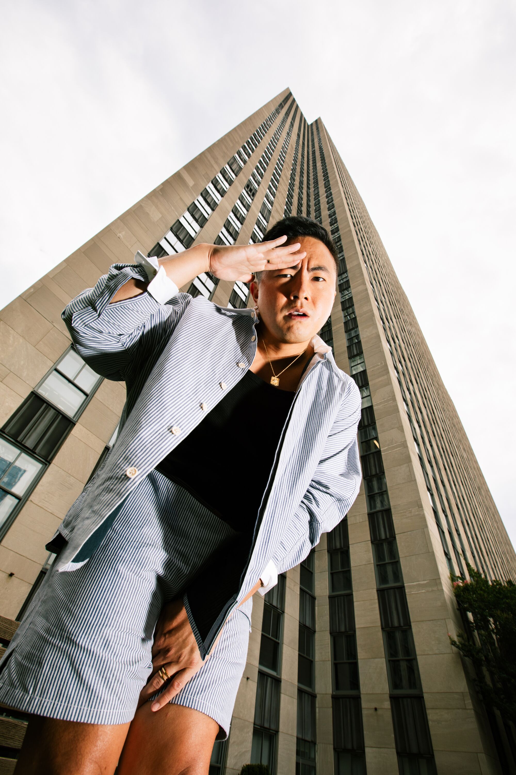 NEW YORK, NY - JULY 26, 2022: Bowen Yang photographed on the 11th floor garden of 30 Rock.