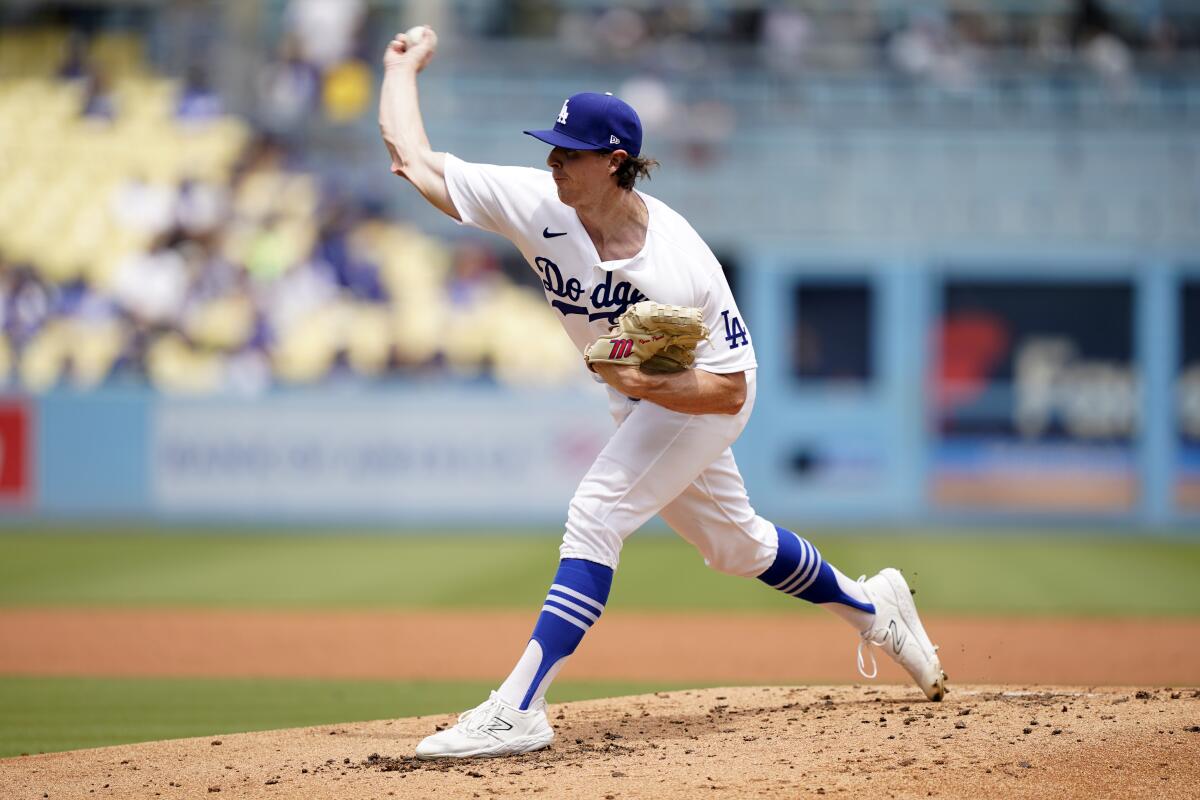 Los Angeles Dodgers pitcher Ryan Pepiot throws during the second inning on Aug. 19 at Dodger Stadium.