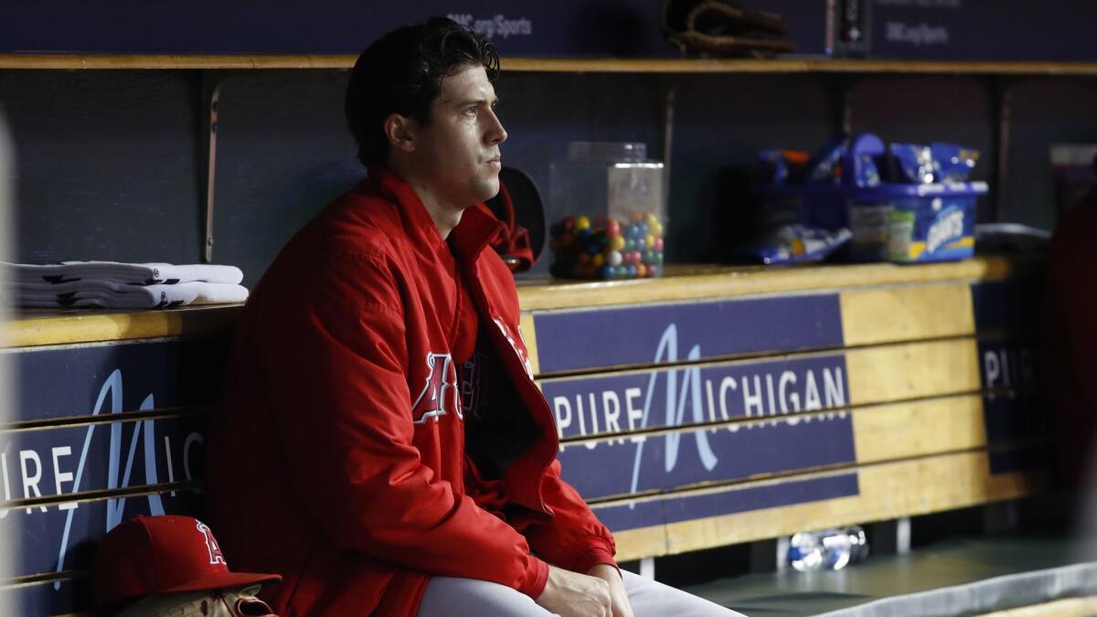 Angels pitcher Tyler Skaggs watches from the bench during a game against the Detroit Tigers on May 8. Starting pitching has been a weak spot for the Angels this season.