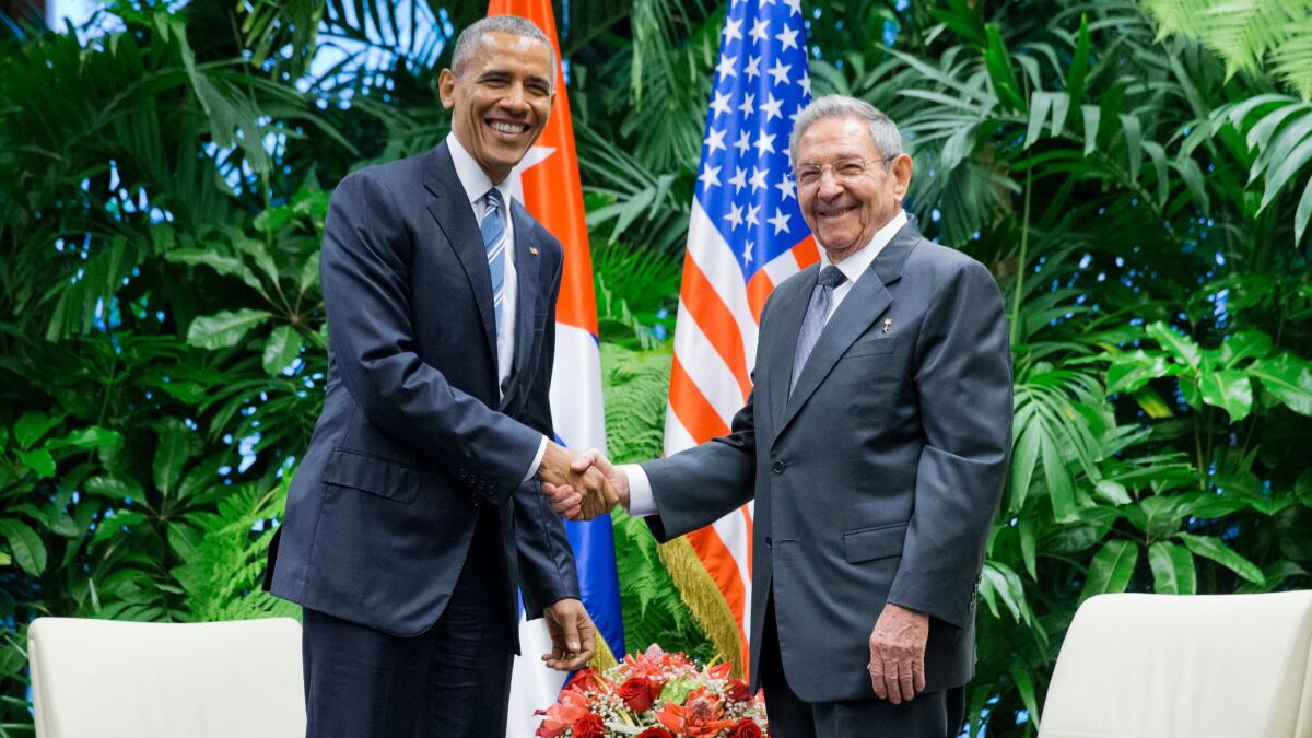 President Obama and Cuban President Raul Castro during their meeting at the Palace of the Revolution in March in Havana.