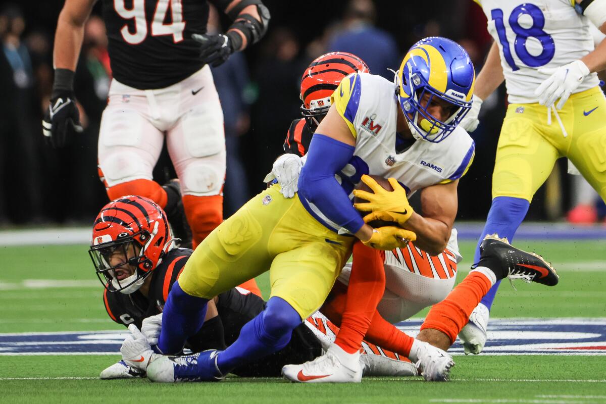 Rams tight end Brycen Hopkins (88) is tacked in the first half of Super Bowl LVI against the Cincinnati Bengals.