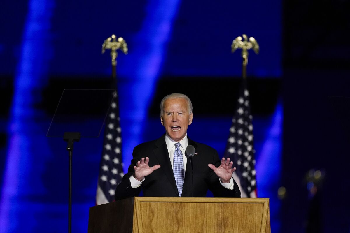 President-elect Joe Biden delivers his victory speech Saturday.