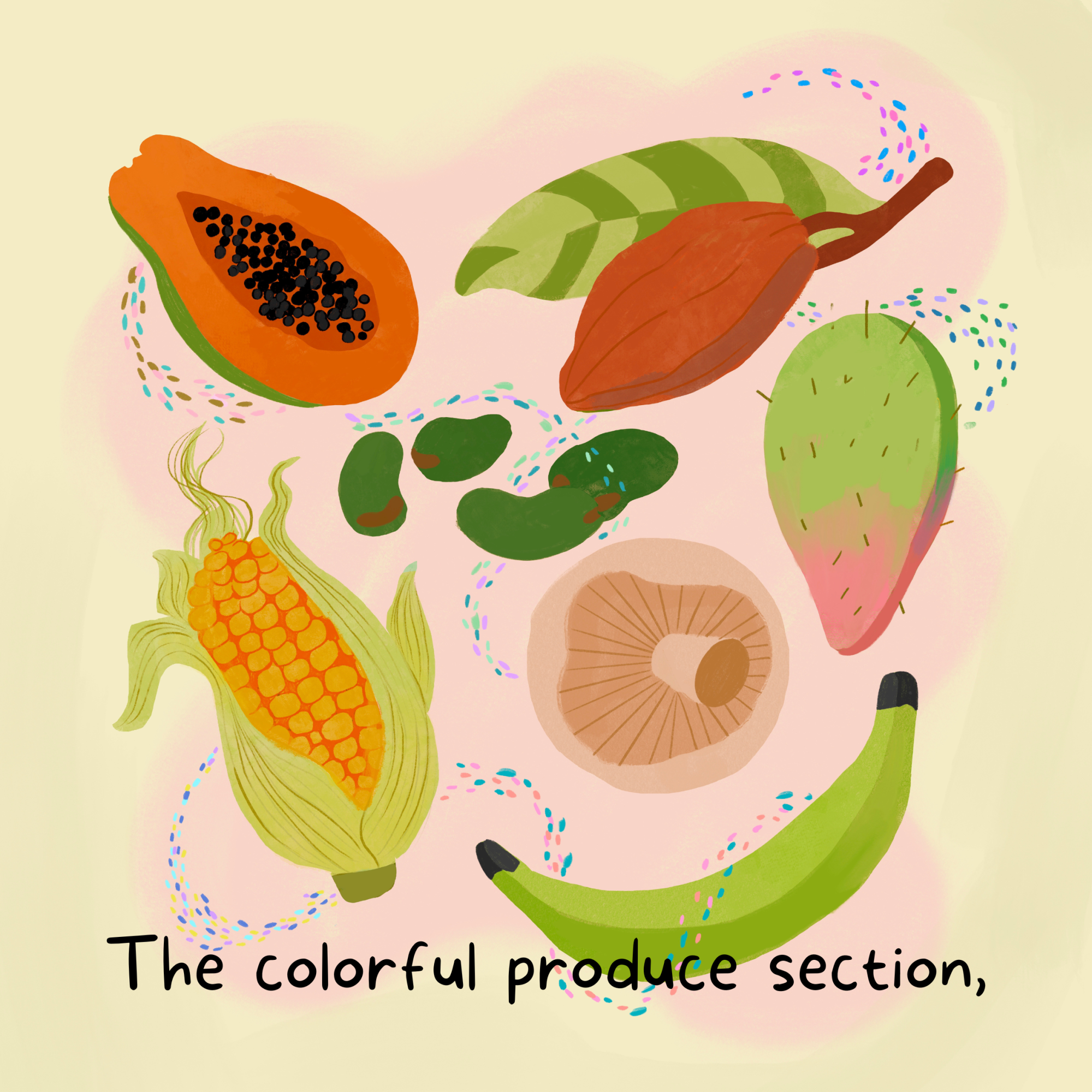 An illustration and the words: The colorful produce section,