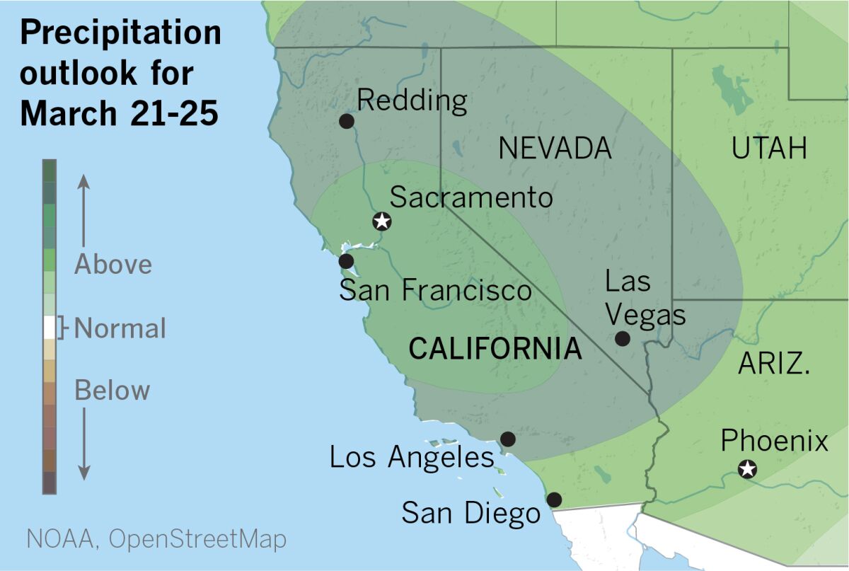 A map of expected precipitation from March 21-25. All of California is likely to get varying levels of above-normal rainfall.