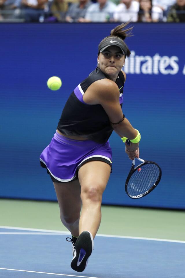 Bianca Andreescu returns a shot during her Women's Singles final match against Serena Williams inside the Billie Jean King National Tennis Center on Sept. 7, 2019, in Queens.