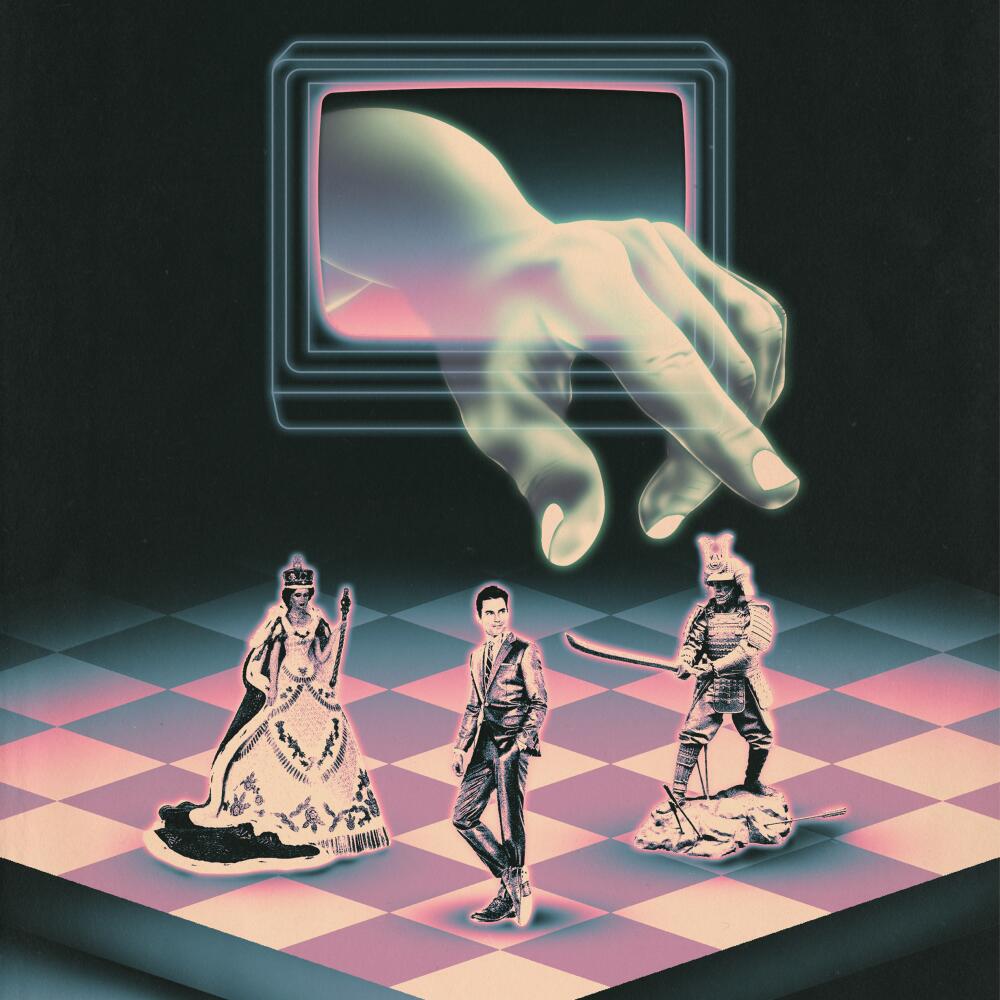 An illustration depicts a hand moving chess pieces looking like television characters.