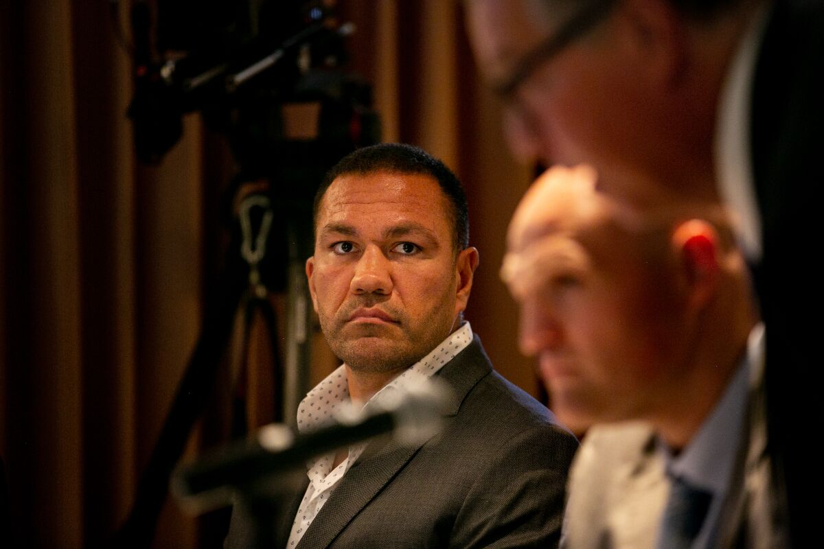 Boxer Kubrat Pulev attends a meeting of the California State Athletic Commission in which they reinstated his boxing license on July 22, 2019 in San Diego, California.