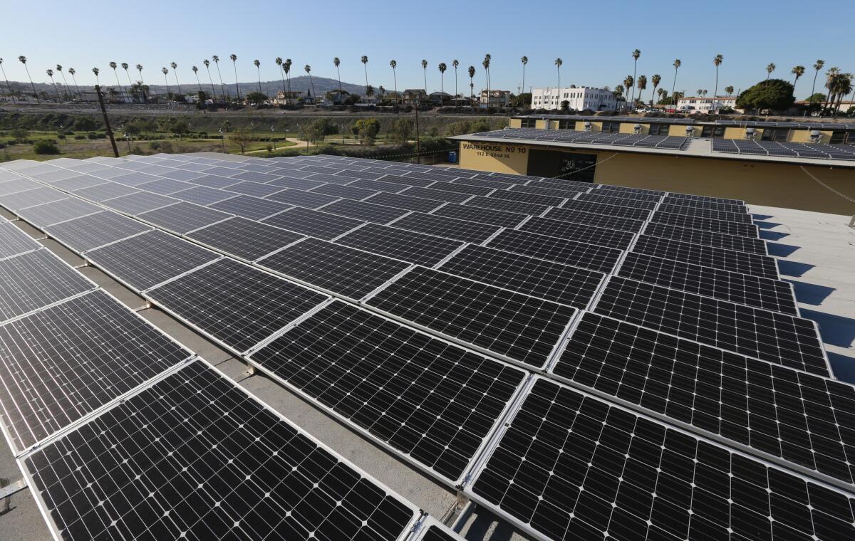 A large-scale solar panel project at Warehouses No. 9 and 10 at the Port of Los Angeles in San Pedro on Feb. 24.