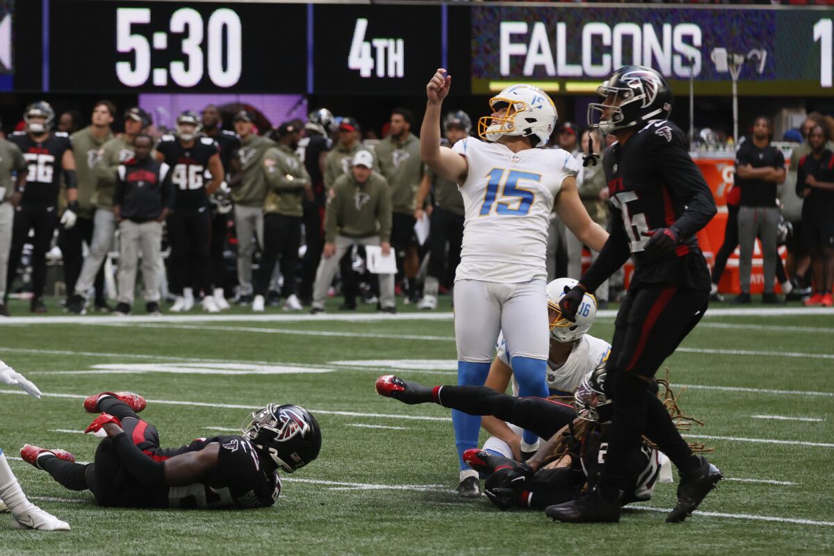The Chargers' Cameron Dicker (15) watches his 31-yard field goal against Atlanta sail between the uprights.