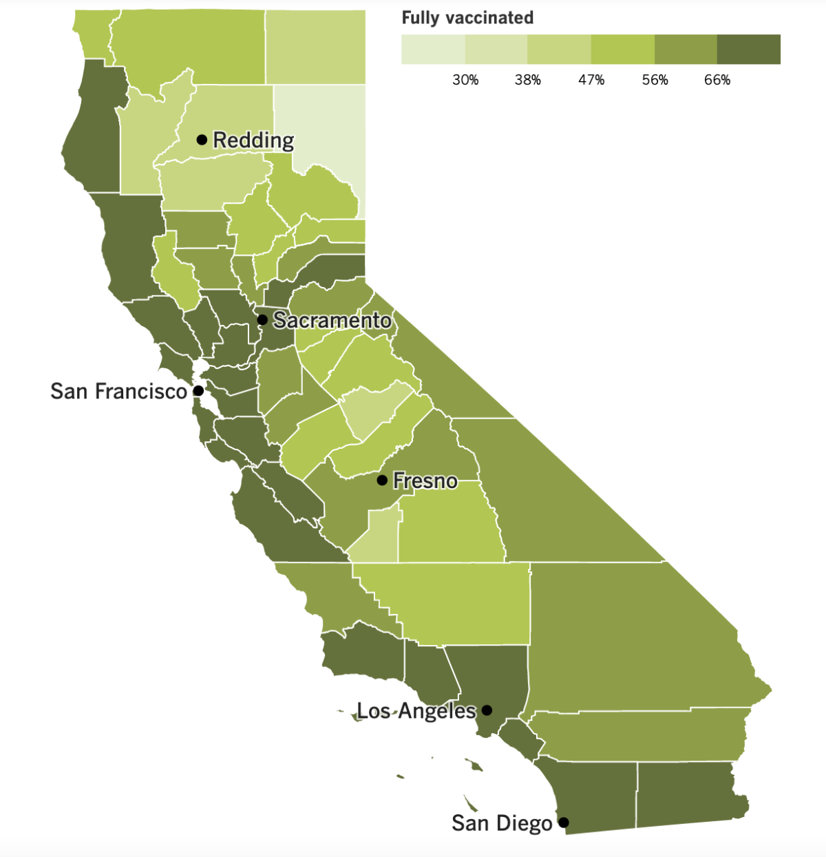 A map showing California's COVID-19 vaccination progress by county, as of May 3, 2022.