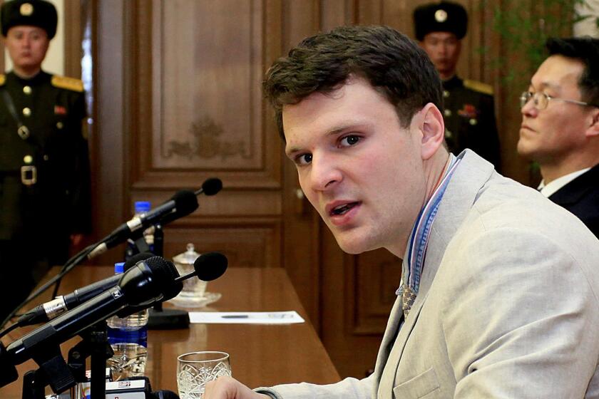 FILE - In this Feb. 29, 2016, file photo, American student Otto Warmbier speaks as he is presented to reporters in Pyongyang, North Korea. Warmbier, an American college student who was released by North Korea in a coma last week after almost a year and a half in captivity, died Monday, June 19, his family said. (AP Photo/Kim Kwang Hyon, File)