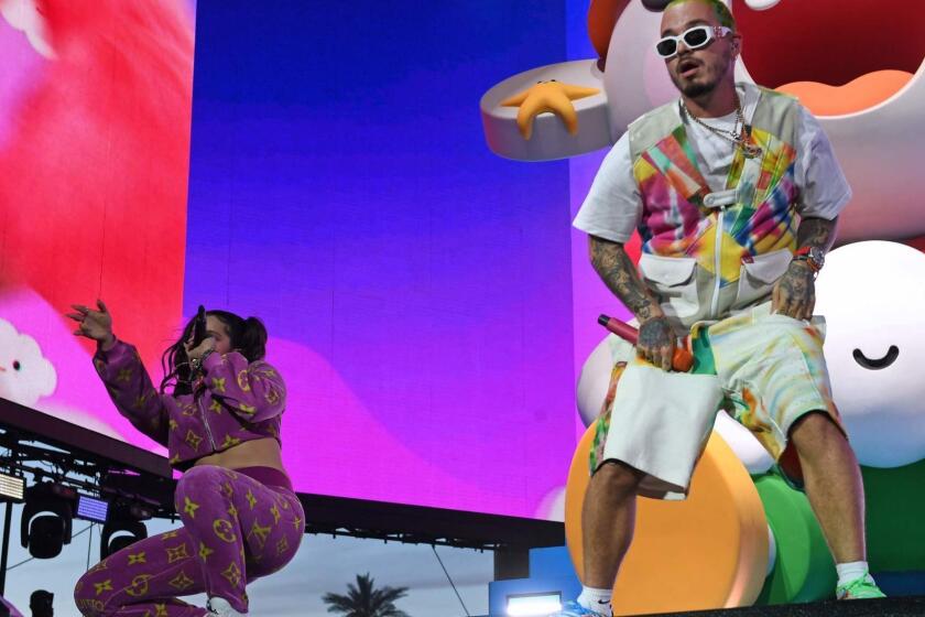 Spanish singer Rosalia and Colombian singer J Balvin perform on stage at the Coachella Valley Music and Arts Festival on April 13, 2019, in Indio, California. (Photo by VALERIE MACON / AFP)VALERIE MACON/AFP/Getty Images ** OUTS - ELSENT, FPG, CM - OUTS * NM, PH, VA if sourced by CT, LA or MoD **