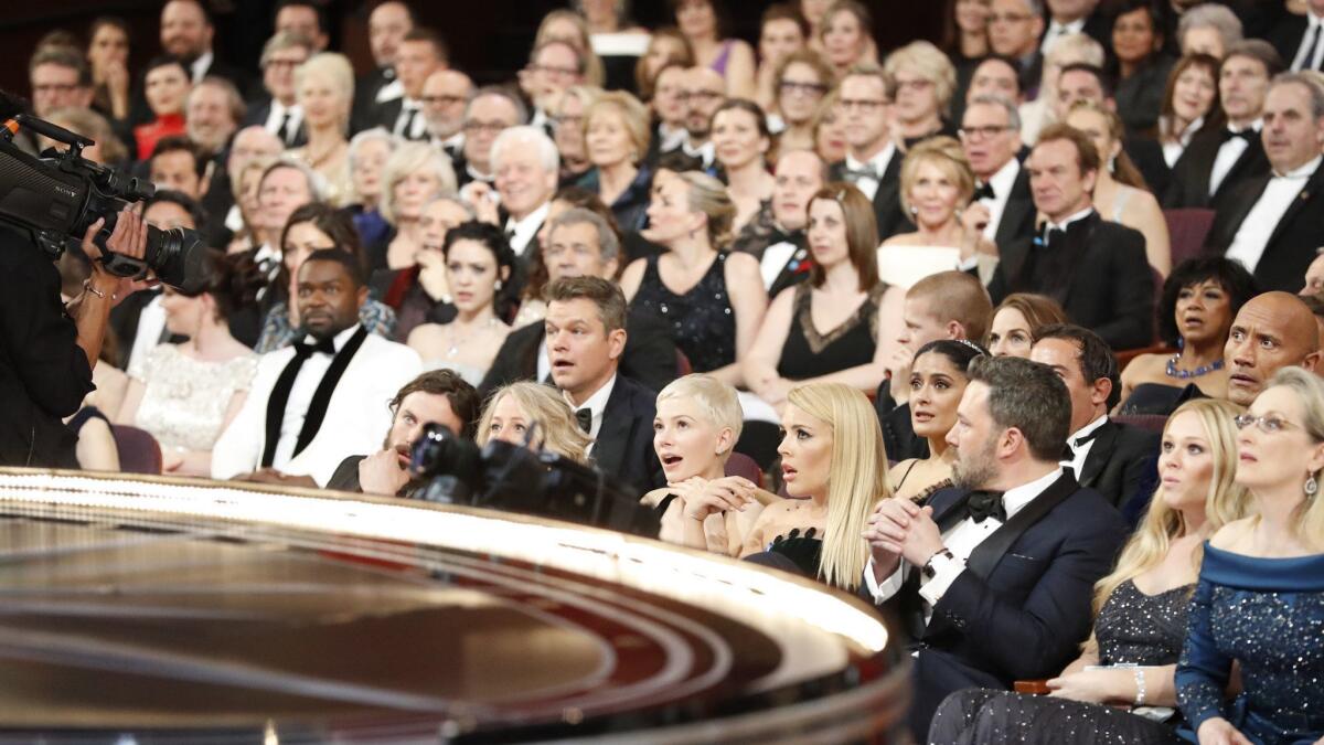 The stunned audience after best picture winner “La La Land” was discovered to be read by mistake, from backstage at the 89th Academy Awards on Sunday, Feb. 26, 2017.