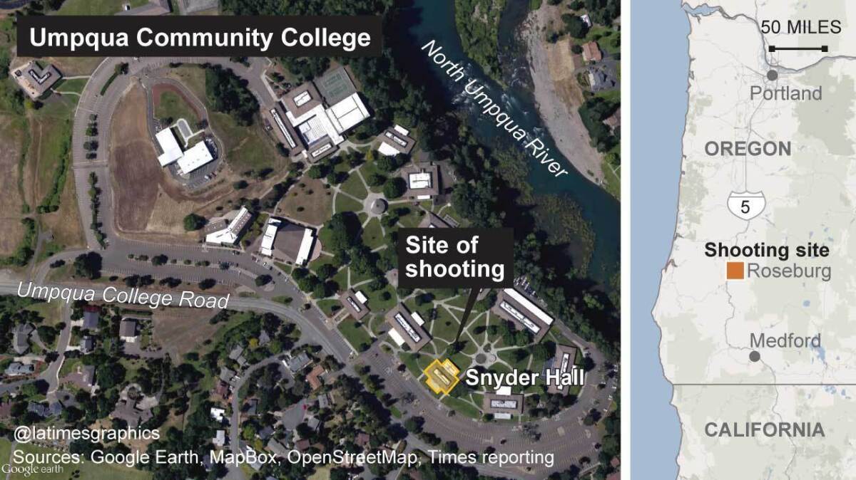 A satellite view of Umpqua Community College in Roseburg, Ore., about 180 miles south of Portland.